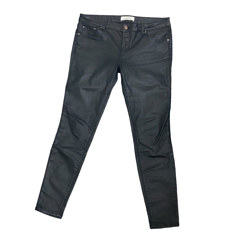 Zara Women's Premium Denim Mid-Rise Waxed Black Jeans Size 6